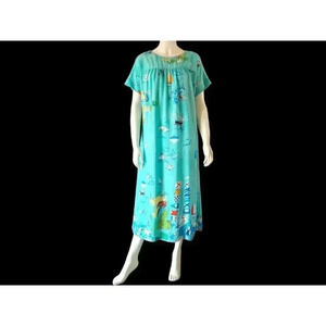 Vintage 60s 70s Mrs Roper Nautical Tropical Beach Print House Dress M/L